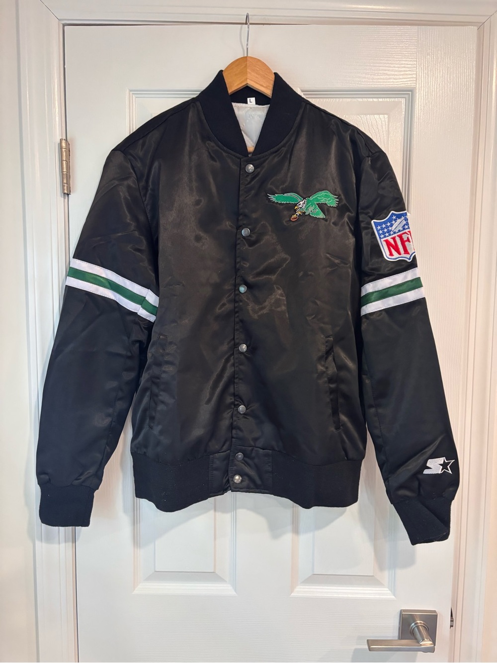 Philadelphia Eagles black satin full-snap varsity bomber jacket size large